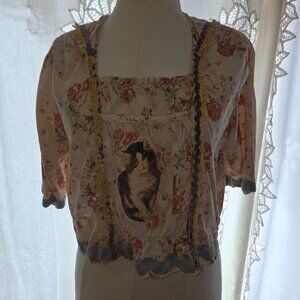 Magnolia Pearl Millie Jo Blouse Cat & Sparrow Applique Woman's One Size